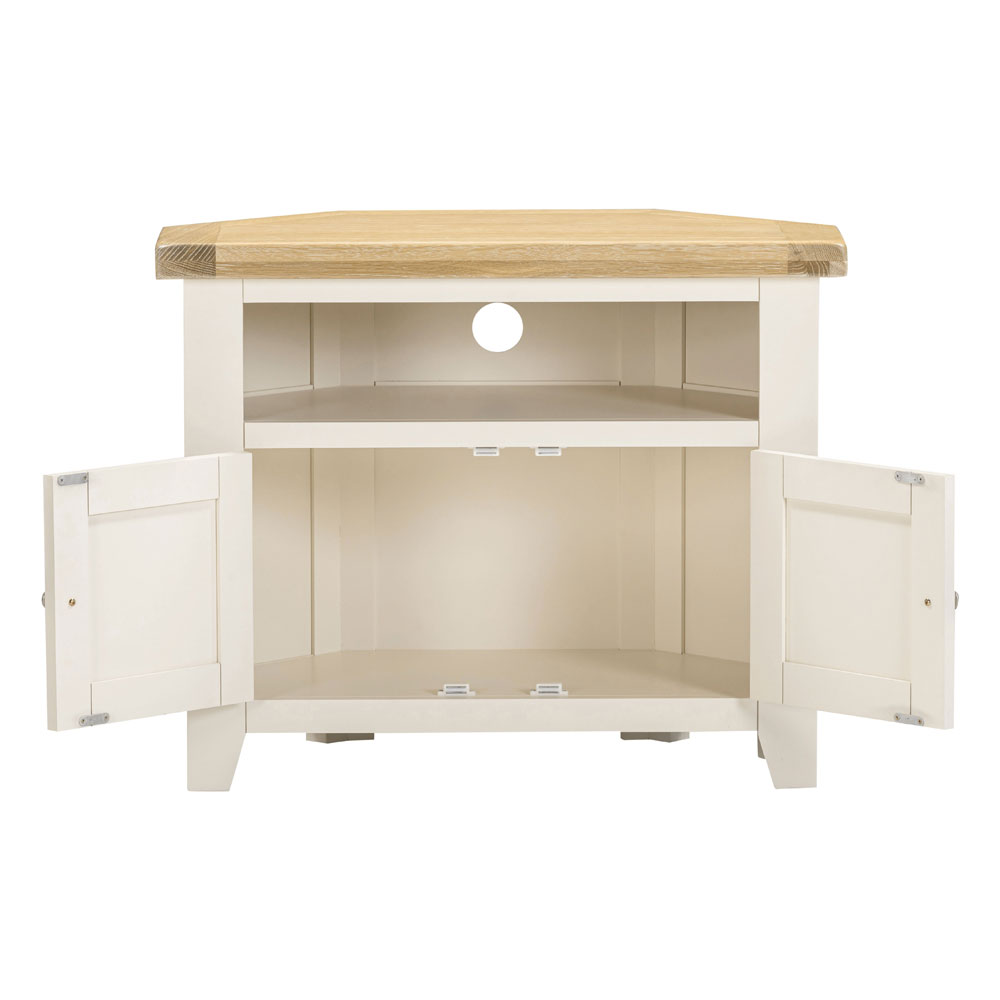 Wrenley Wooden Corner TV Stand in Ivory and Oak