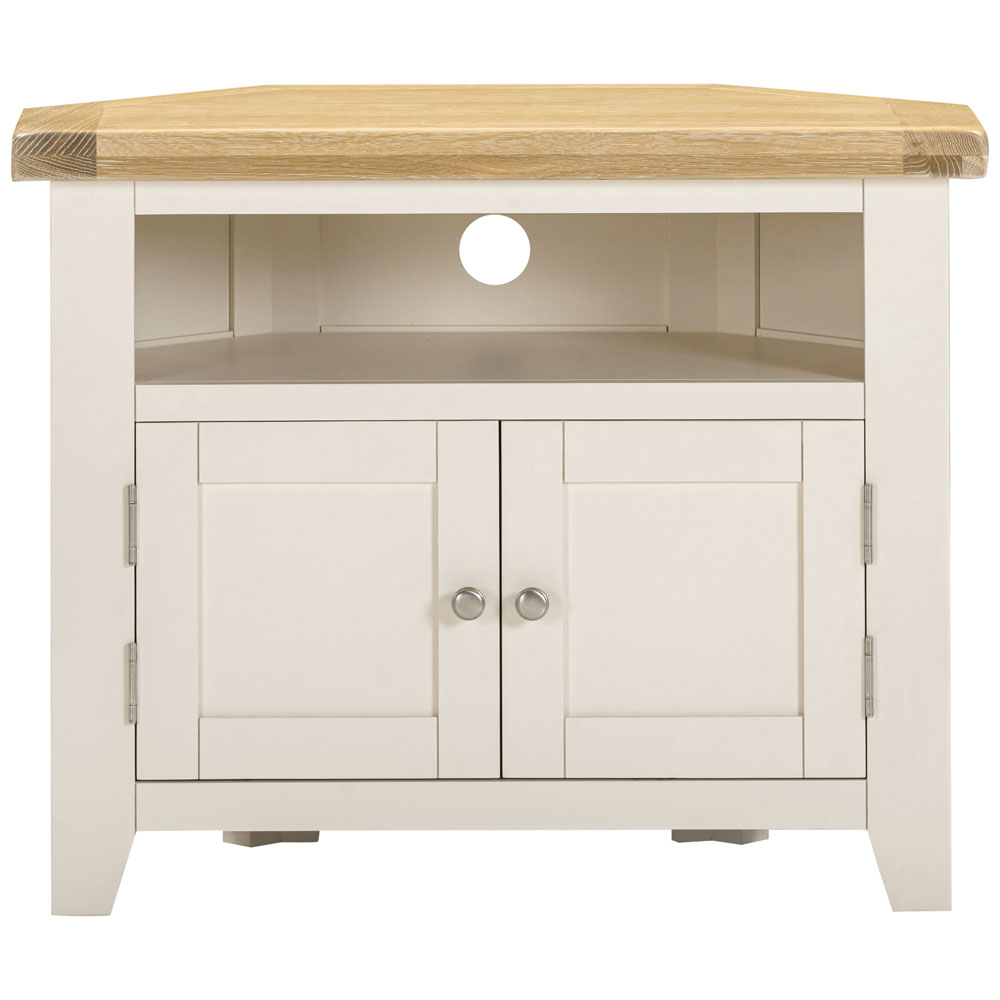 Wrenley Wooden Corner TV Stand in Ivory and Oak