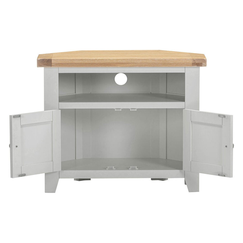 Wrenley Wooden Corner TV Stand in Pebble Grey and Oak