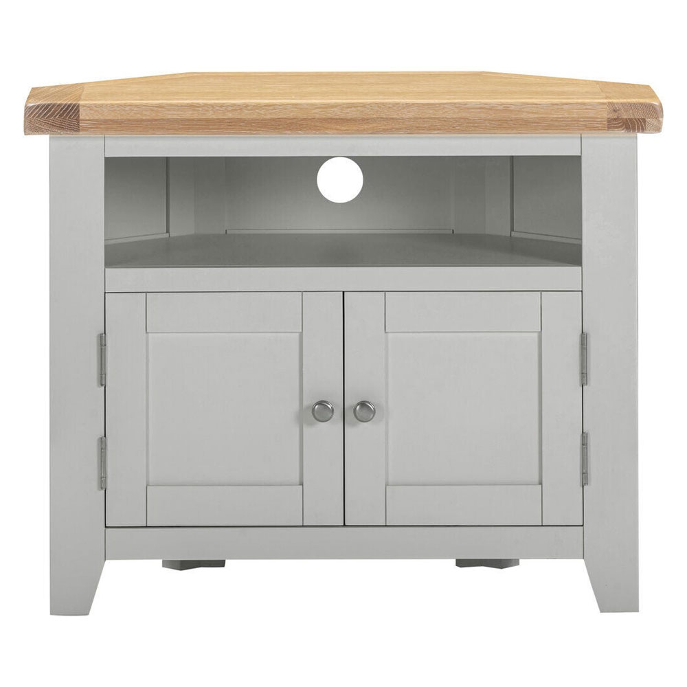 Wrenley Wooden Corner TV Stand in Pebble Grey and Oak