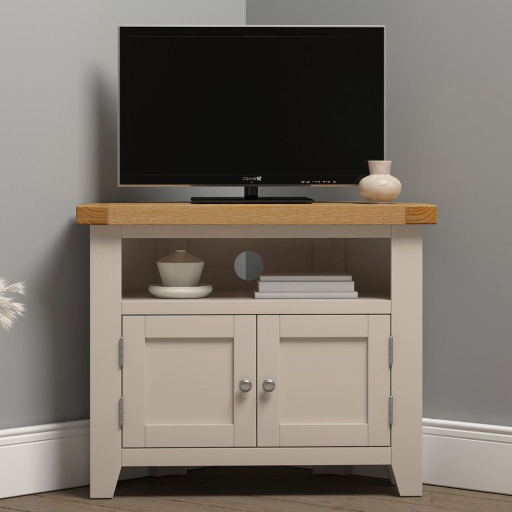 Wrenley Wooden Corner TV Stand in Putty and Oak