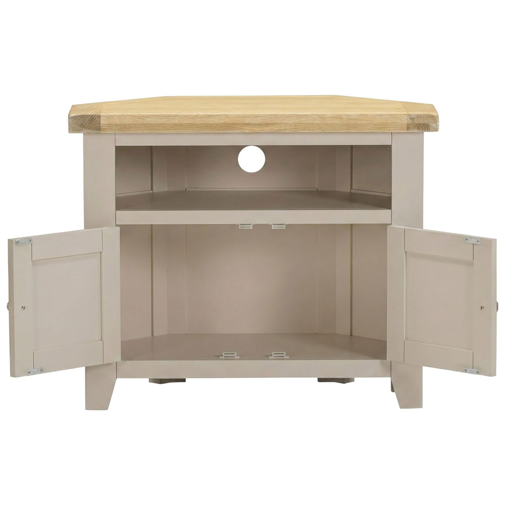 Wrenley Wooden Corner TV Stand in Putty and Oak