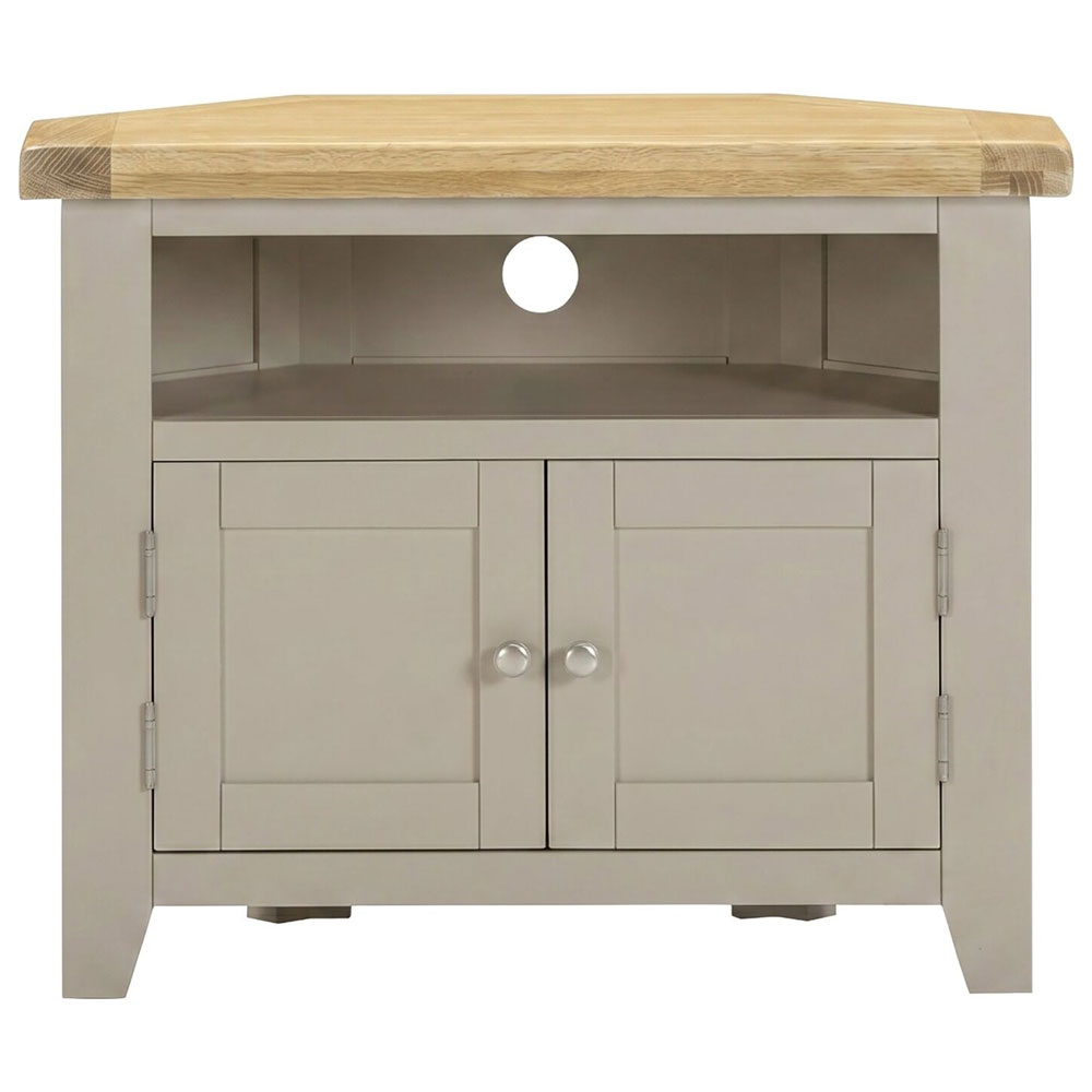 Wrenley Wooden Corner TV Stand in Putty and Oak