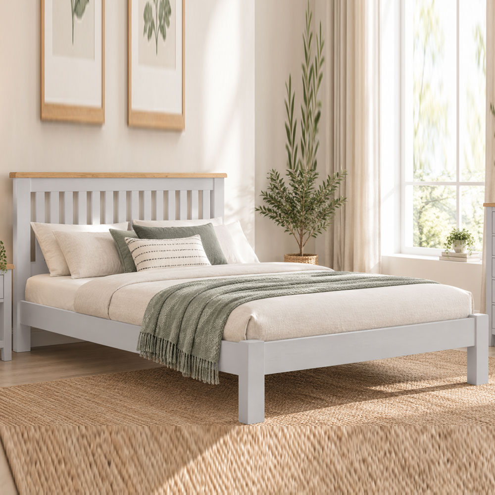 Wrenley Wooden Double Bed in Pebble Grey and Oak