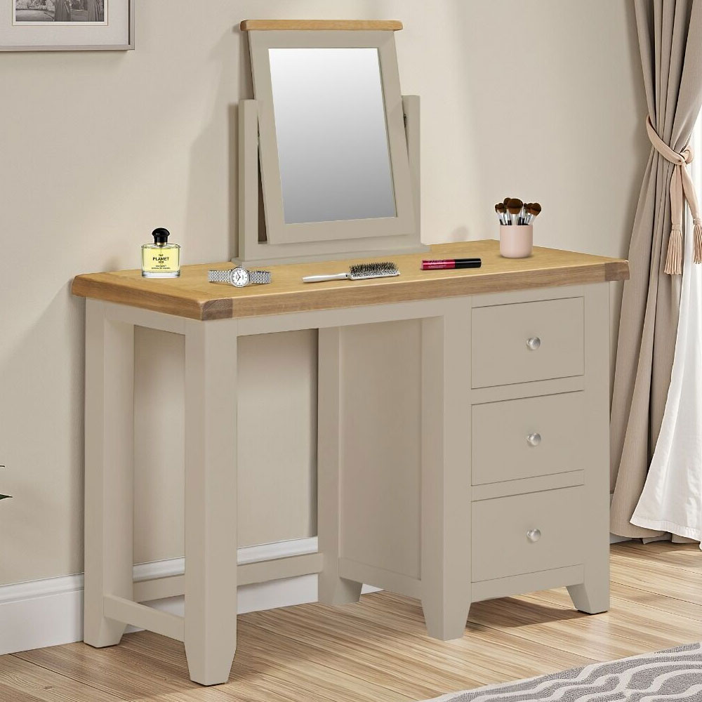 Wrenley Wooden Dressing Table with Mirror in Putty and Oak