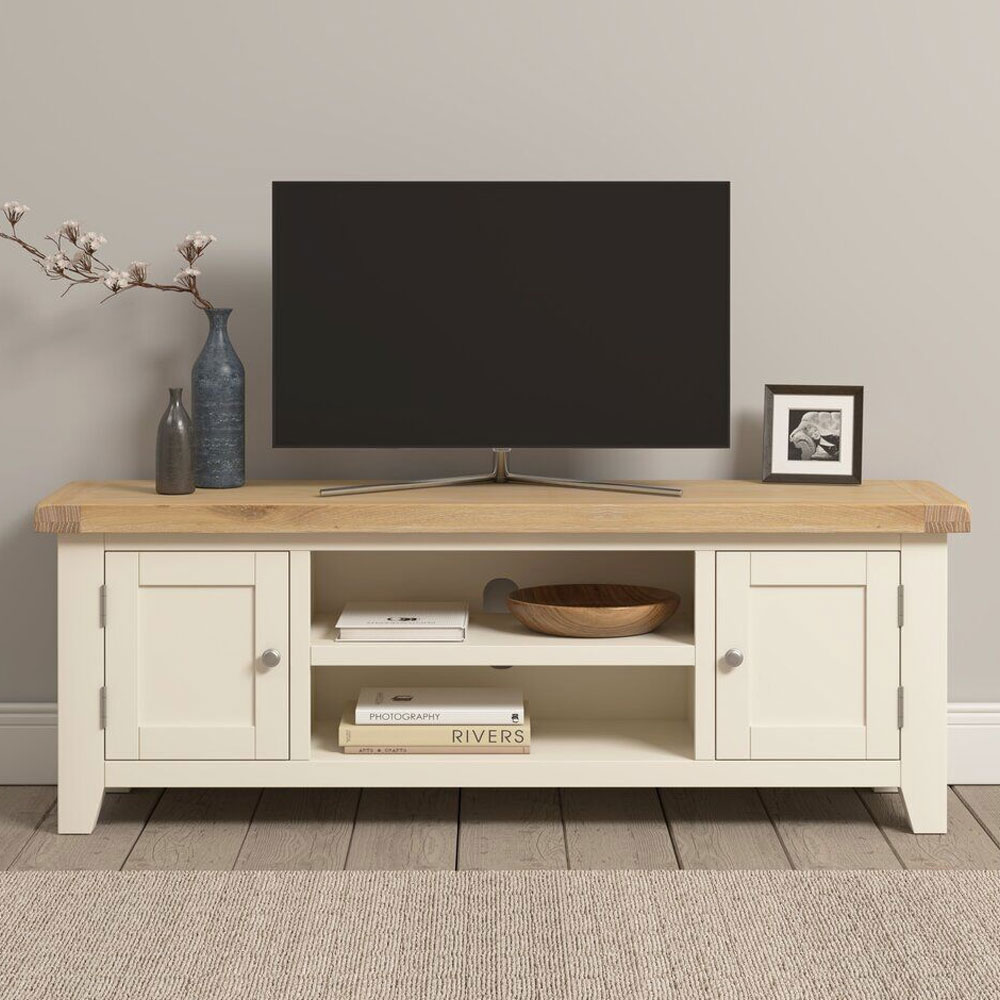 Wrenley Wooden TV Stand with 2 Doors in Ivory and Oak