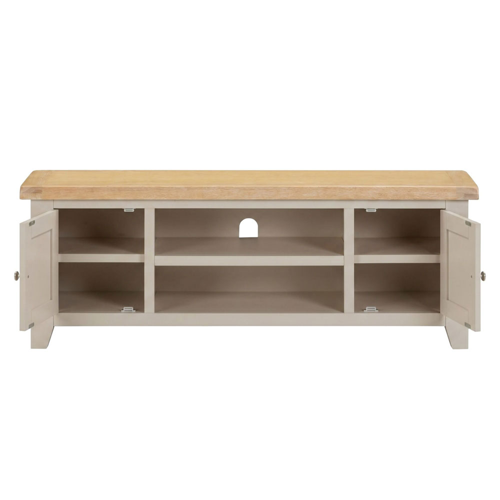 Wrenley Wooden TV Stand with 2 Doors in Putty and Oak