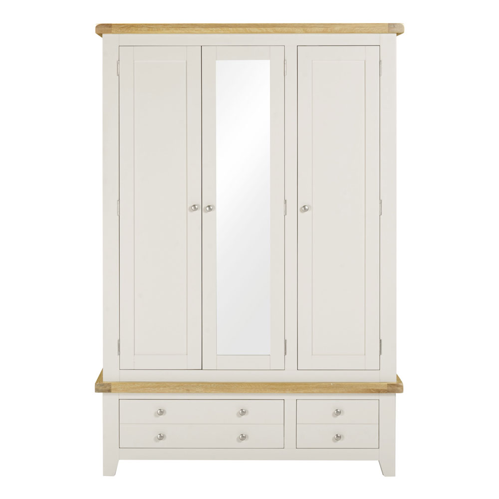 Wrenley Wooden Wardrobe with 3 Doors 2 Drawers in Ivory and Oak
