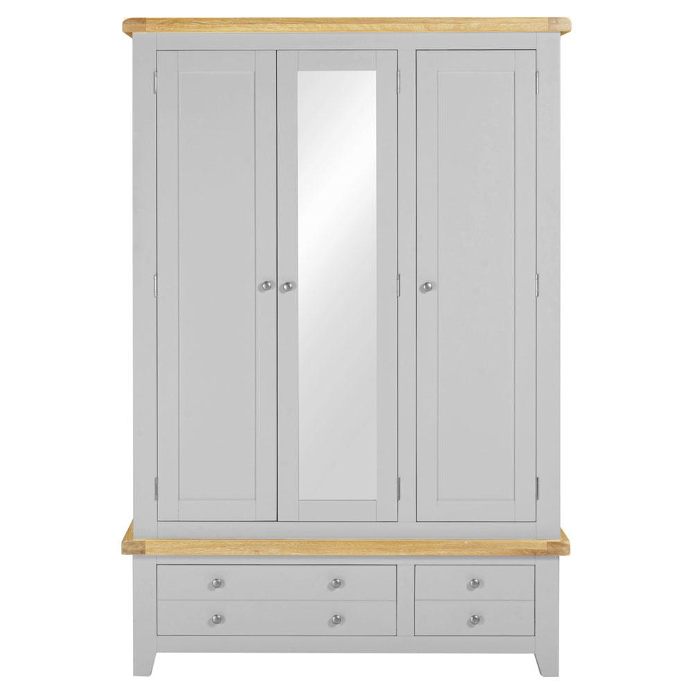 Wrenley Wooden Wardrobe with 3 Doors 2 Drawers in Pebble Grey and Oak