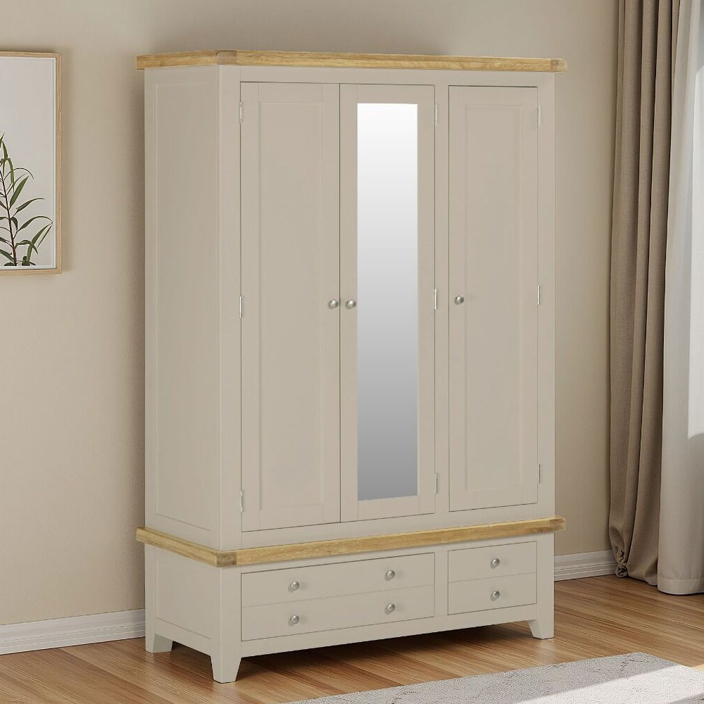 Wrenley Wooden Wardrobe with 3 Doors 2 Drawers in Putty and Oak