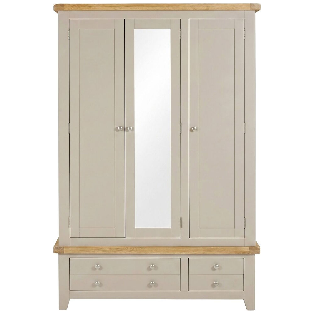 Wrenley Wooden Wardrobe with 3 Doors 2 Drawers in Putty and Oak