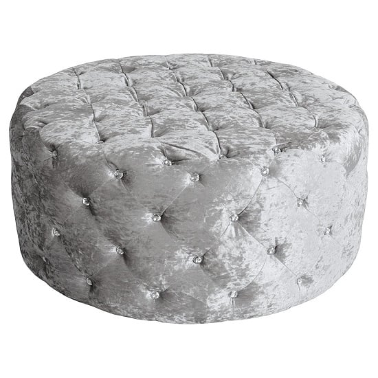Photo of Wrigley fabric round pouffe in crushsed silver finish