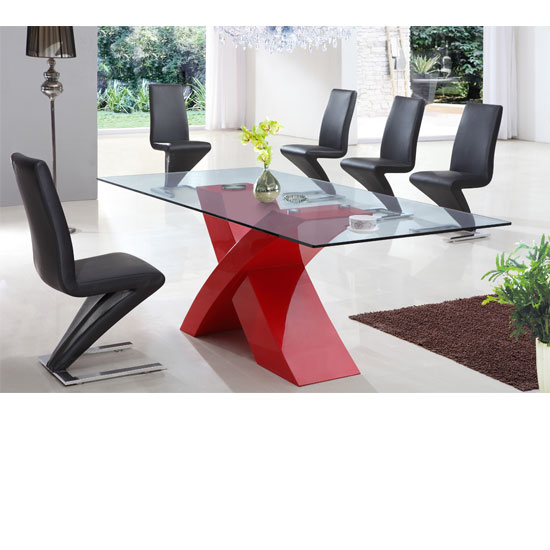X Glass Dining Table In Red High Gloss Base And 6 Z Chairs