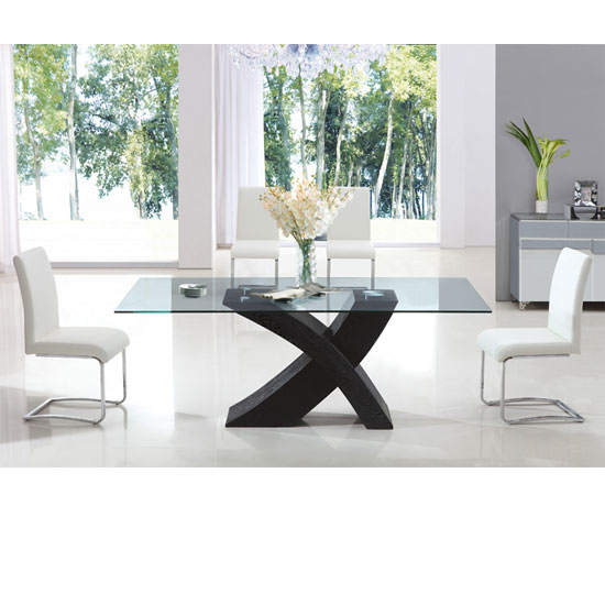 Clear Rectangle Glass Dining Table With X Shaped Wenge Base