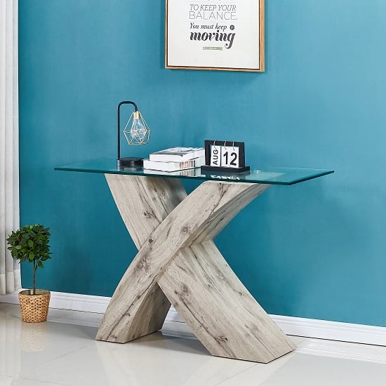 Xanti Glass X Base Console Table In Clear With Grey Oak Effect Sale
