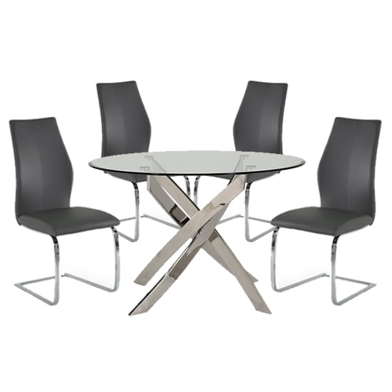 Xenon Round Glass Dining Table With 4 Bernie Grey Chairs