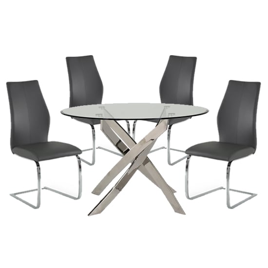 Xenon Round Glass Dining Table With 4 Bernie Grey Chairs FiF