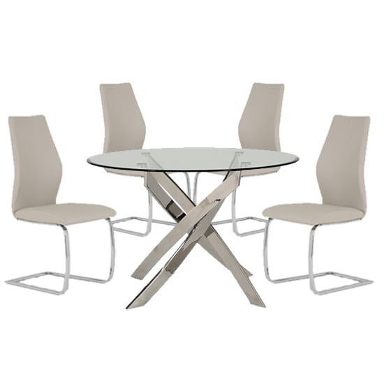 Xenon Round Glass Dining Table With 4 Bernie Taupe Chairs