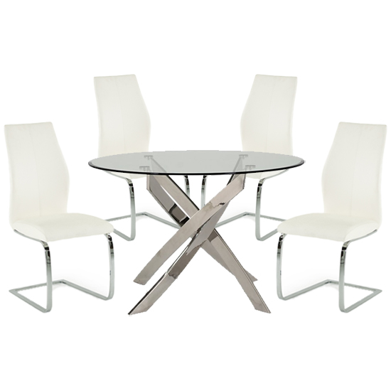Xenon Round Glass Dining Table With 4 Bernie White Chairs Fif Xenon Round Glass Dining Table With 4, Round Glass Table With 4 White Chairs