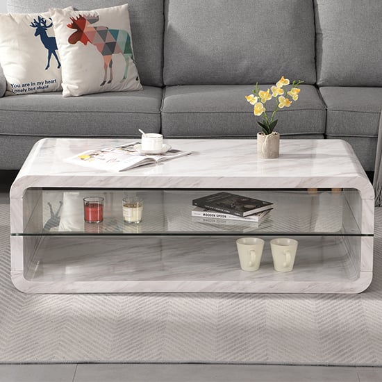 Xono High Gloss Coffee Table With Shelf In Magnesia Marble Effect