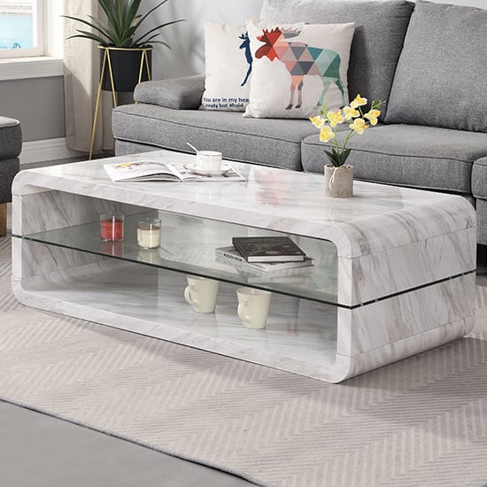 Product photograph of Xono High Gloss Coffee Table With Shelf In Magnesia Marble Effect from Furniture in Fashion