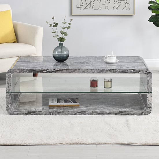 Xono High Gloss Coffee Table With Shelf In Melange Marble Effect_2