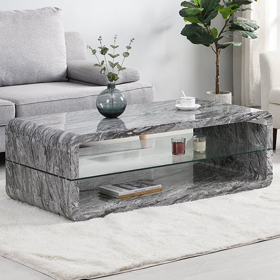 Read more about Xono high gloss coffee table with shelf in melange marble effect