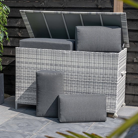 Product photograph of Yael Large Aluminium Cushion Box In Cloudy Grey Rattan from Furniture in Fashion