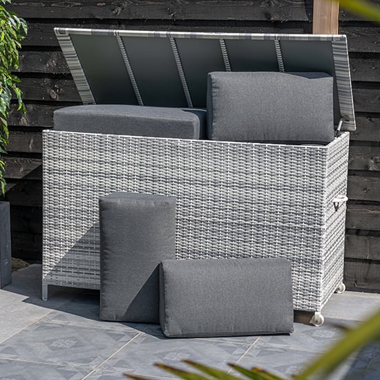 Photo of Yael large aluminium cushion box in cloudy grey rattan