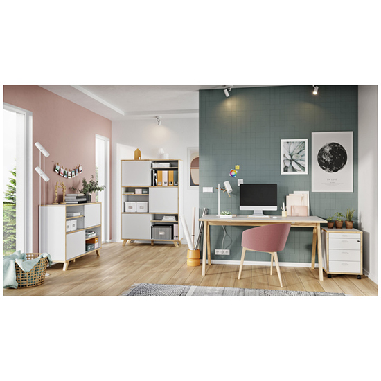 Yorba Wooden Office Shelving Unit In White And Navarra Oak_5