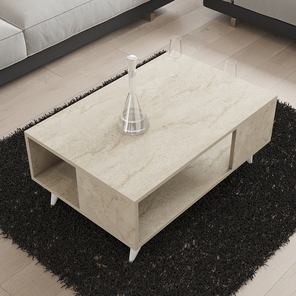 Yuka Wooden Coffee Table in Travertine Marble Effect