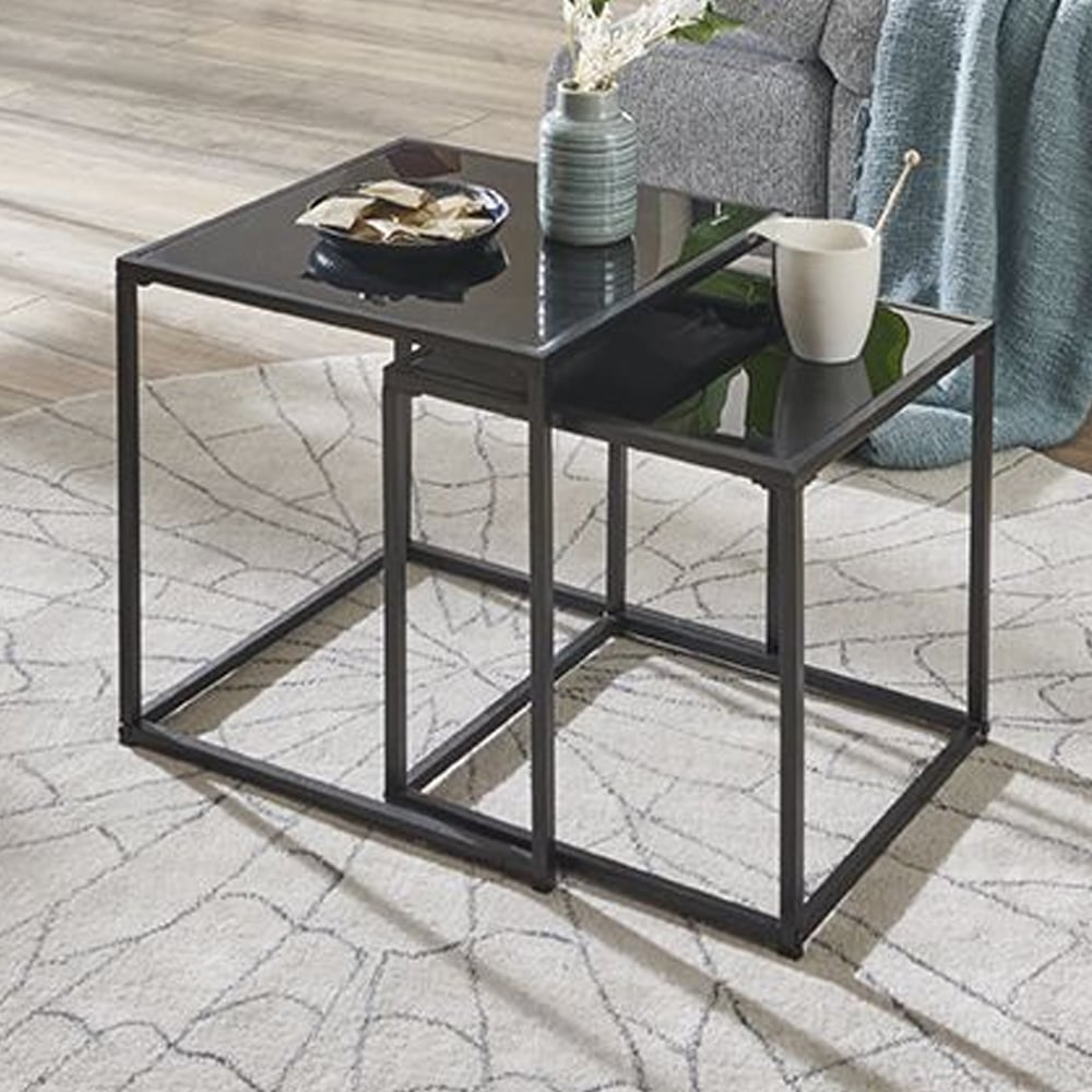 Yukon Black Glass Nest Of 2 Table With Steel Frame