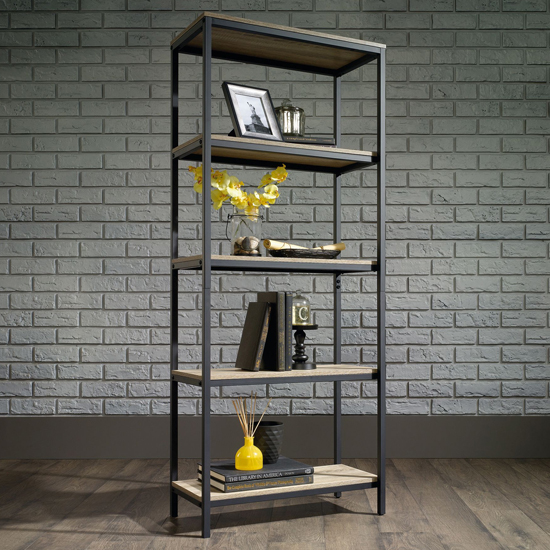 Read more about Yuma industrial wooden bookcase with 4 shelves in charter oak