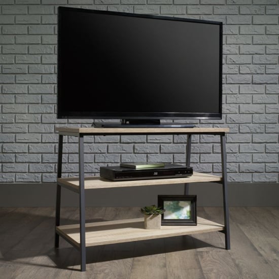 Photo of Yuma industrial wooden tv stand with 2 shelves in charter oak