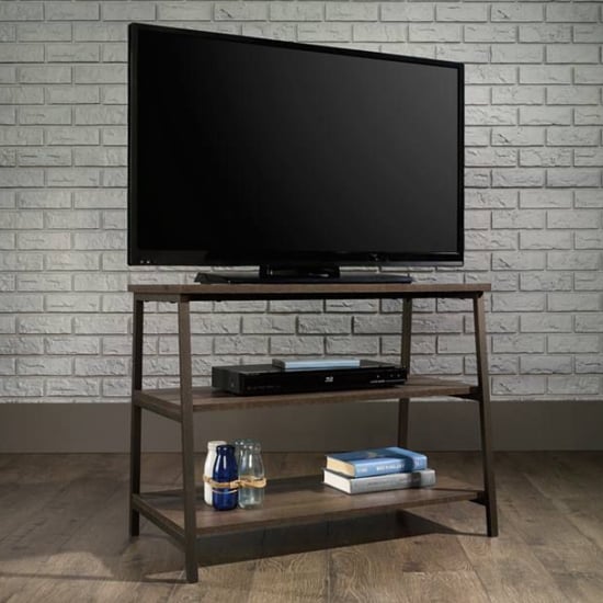 Photo of Yuma industrial wooden tv stand with 2 shelves in smoked oak