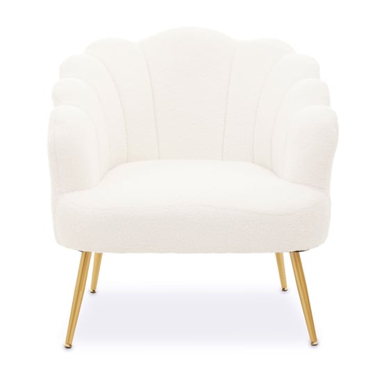 Photo of Yurga seashell fabric armchair in plush white with gold legs
