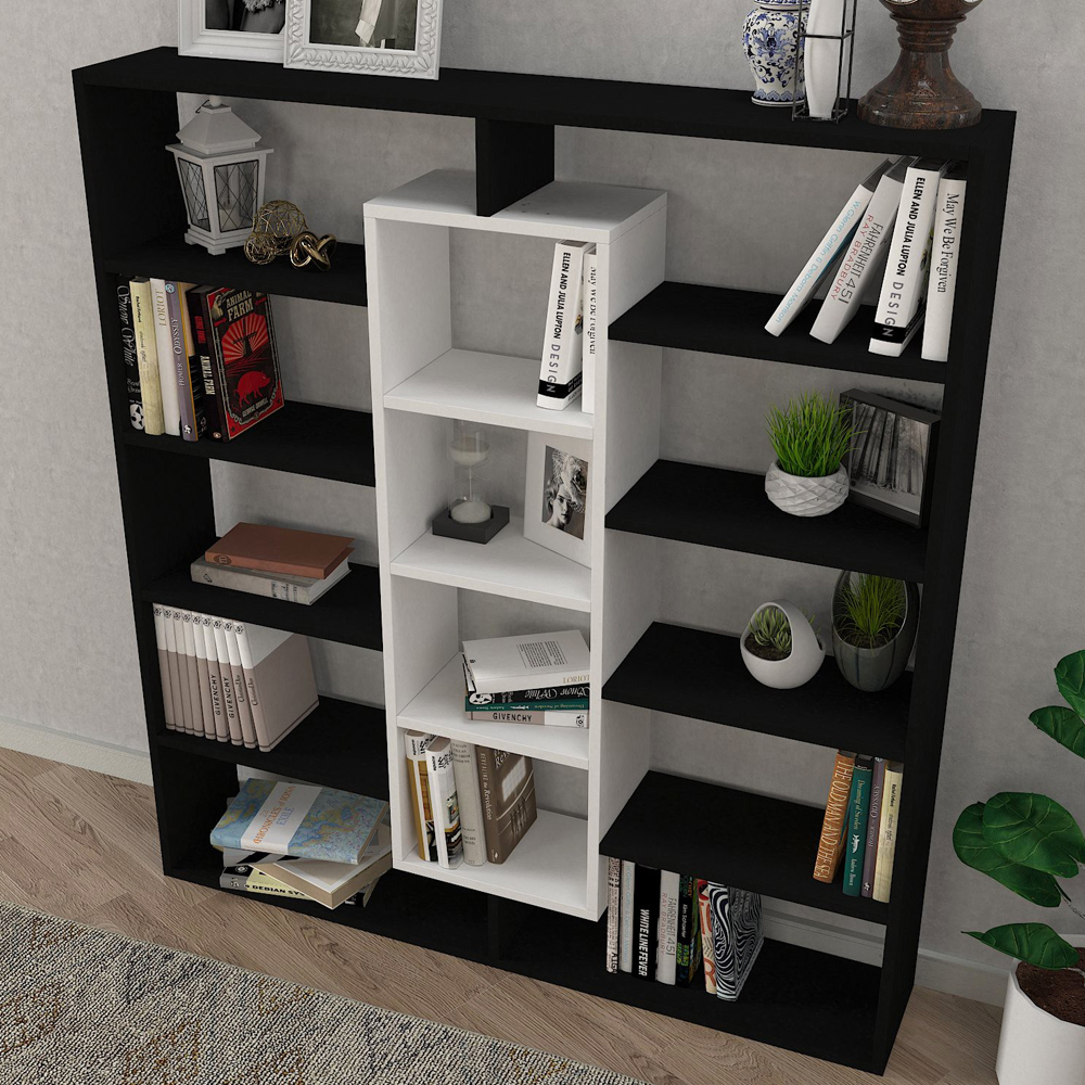 Zafira Wooden Bookcase With 14 Shelves In Black And White