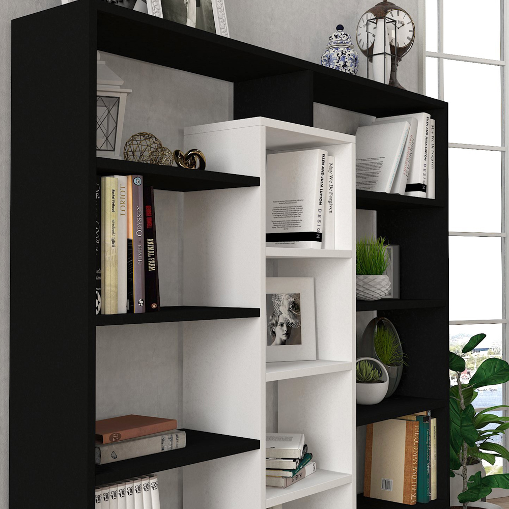 Zafira Wooden Bookcase With 14 Shelves In Black And White