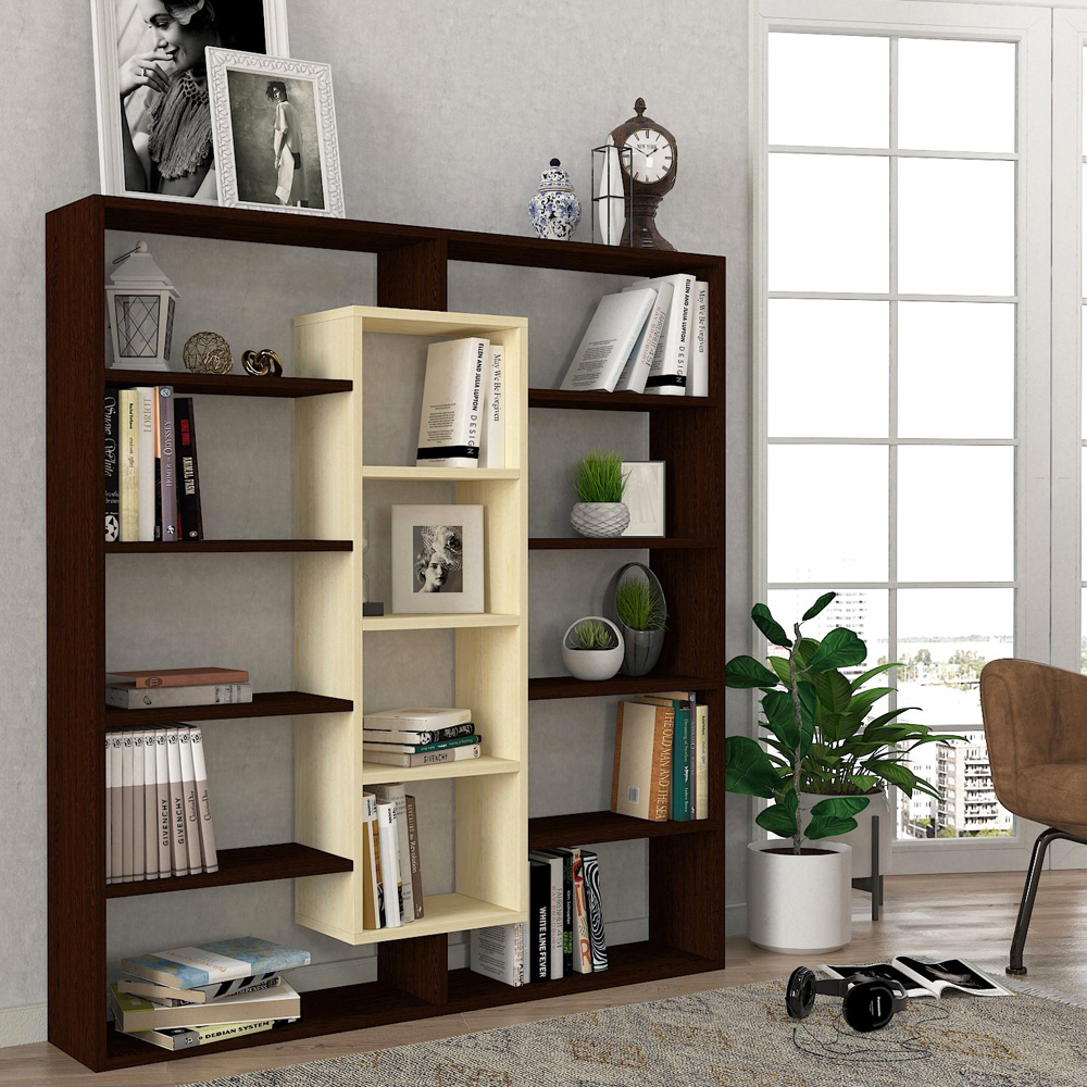 Zafira Wooden Bookcase With 14 Shelves In Oak And Brown