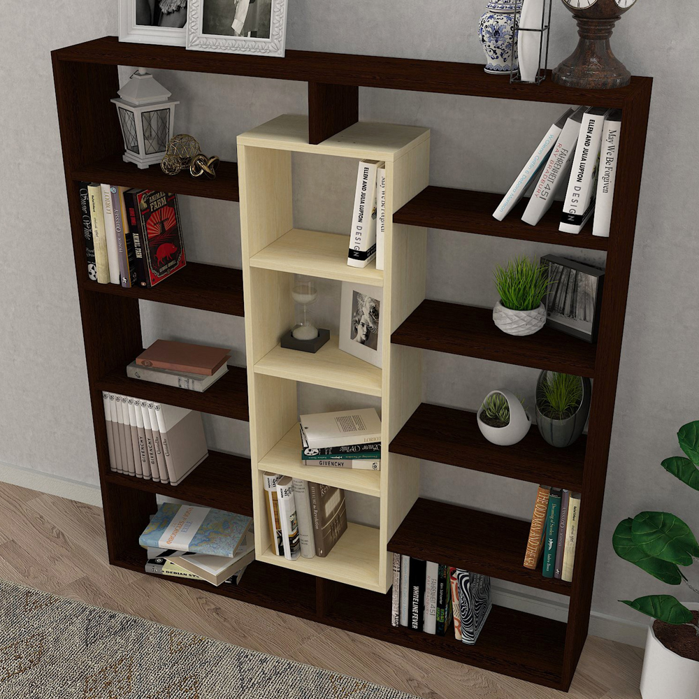 Zafira Wooden Bookcase With 14 Shelves In Oak And Brown