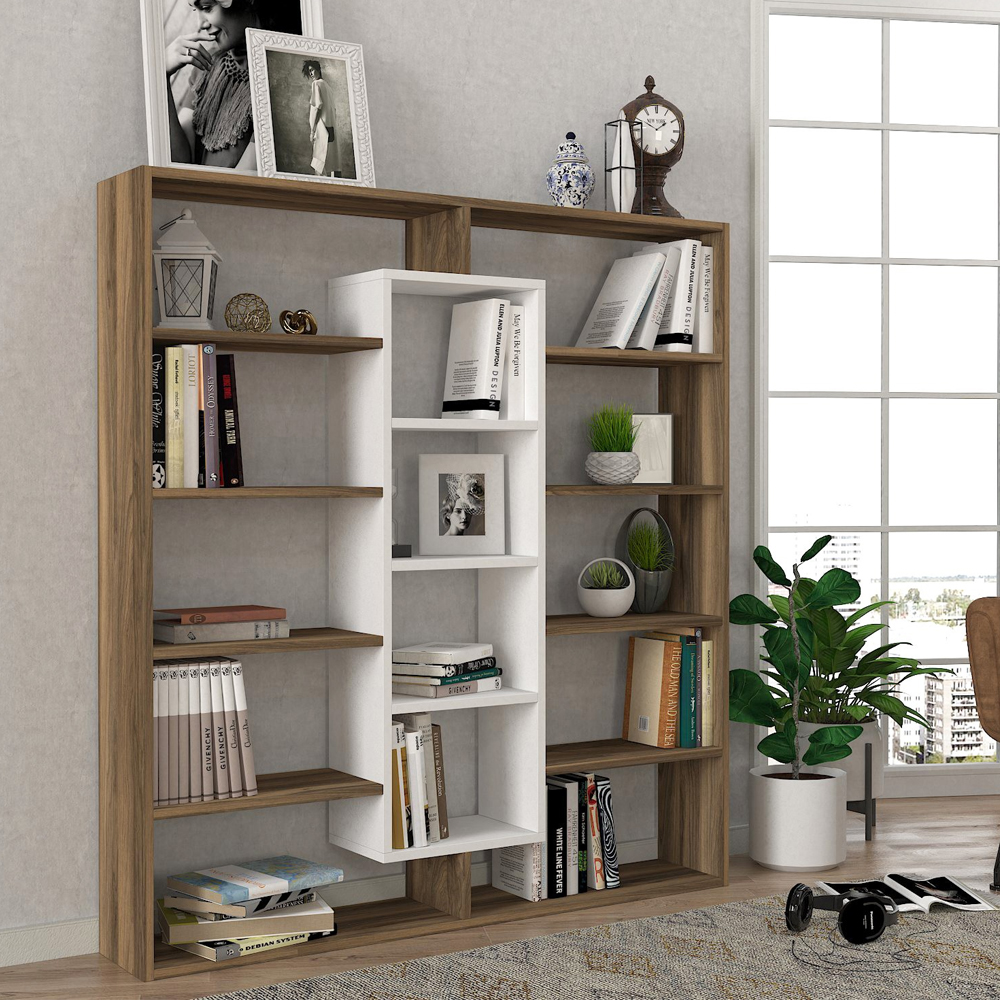 Zafira Wooden Bookcase With 14 Shelves In Walnut And White