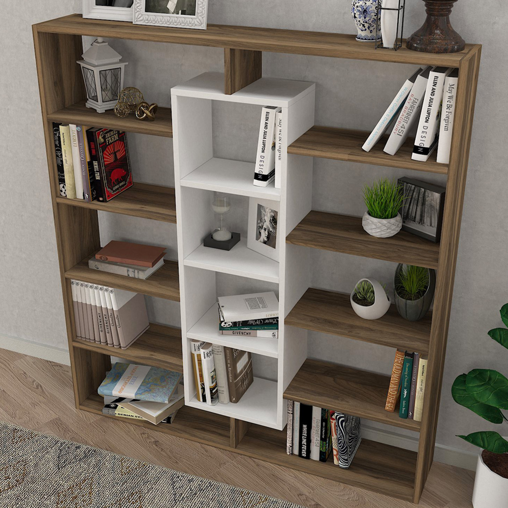 Zafira Wooden Bookcase With 14 Shelves In Walnut And White