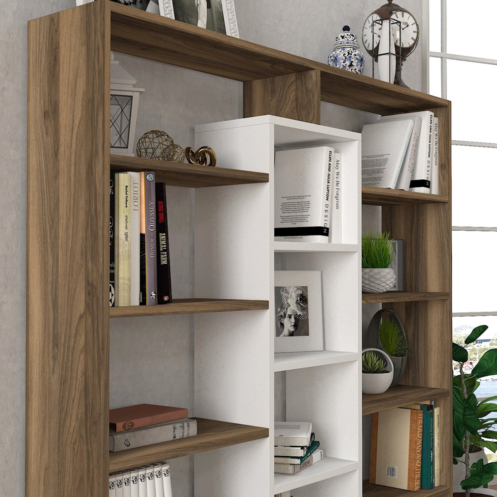 Zafira Wooden Bookcase With 14 Shelves In Walnut And White