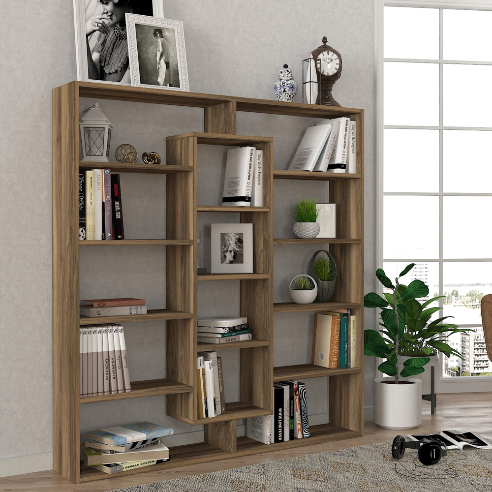 Zafira Wooden Bookcase With 14 Shelves In Walnut