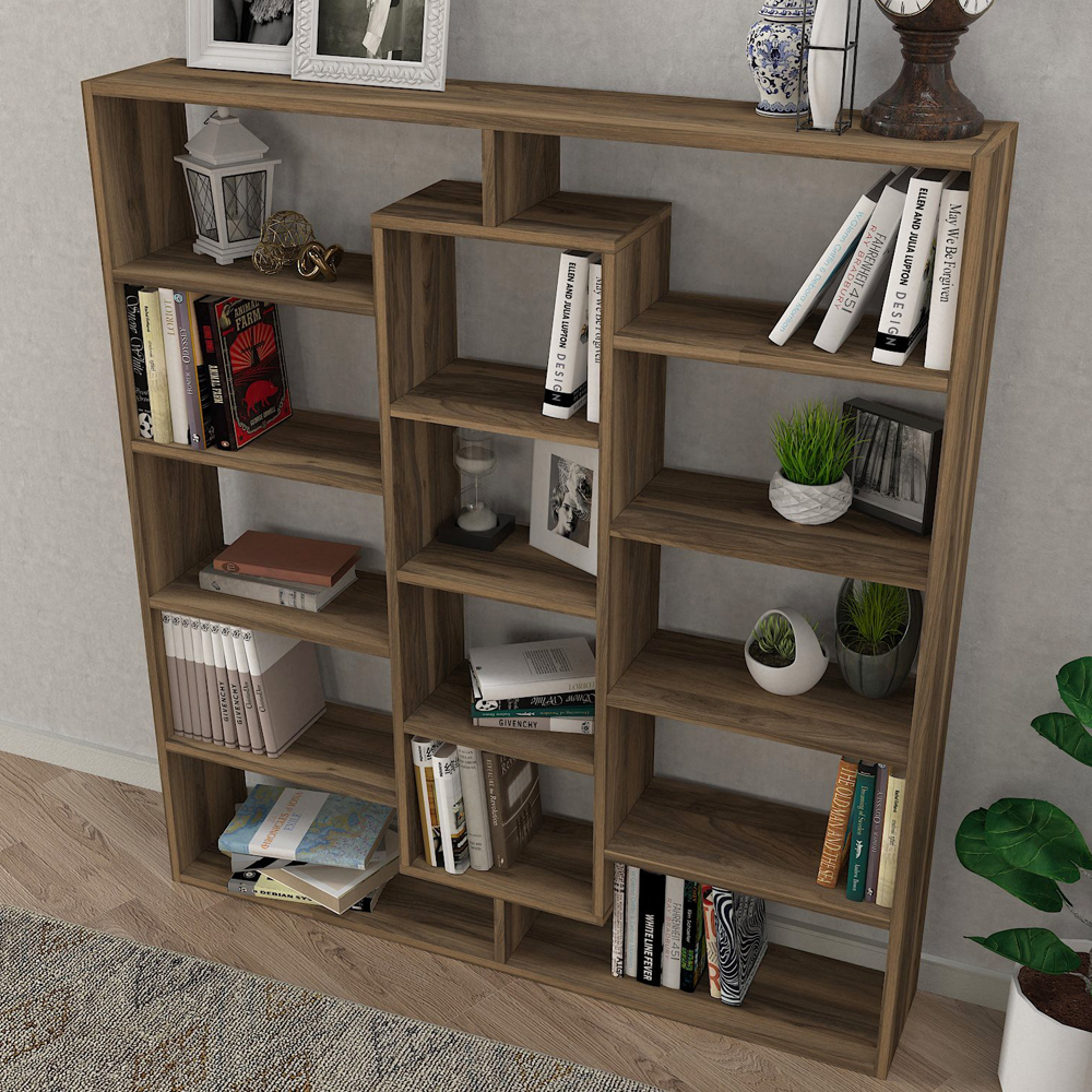 Zafira Wooden Bookcase With 14 Shelves In Walnut
