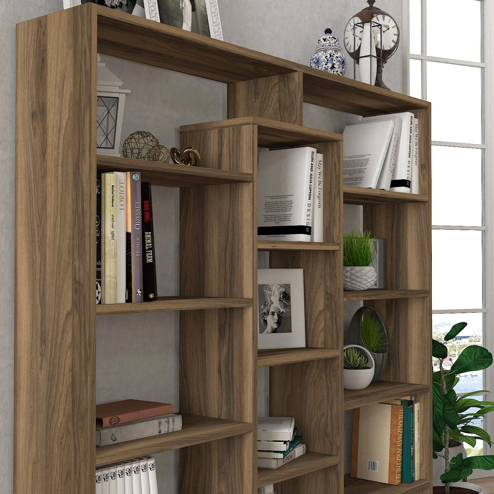 Zafira Wooden Bookcase With 14 Shelves In Walnut