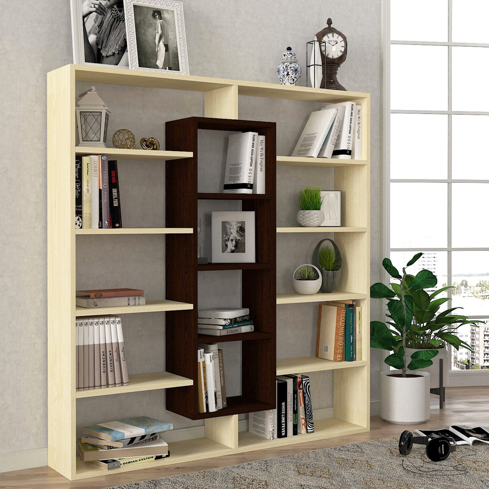 Zafira Wooden Bookcase With 14 Shelves In Wenge And Birch