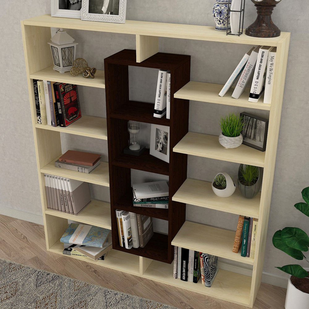 Zafira Wooden Bookcase With 14 Shelves In Wenge And Birch