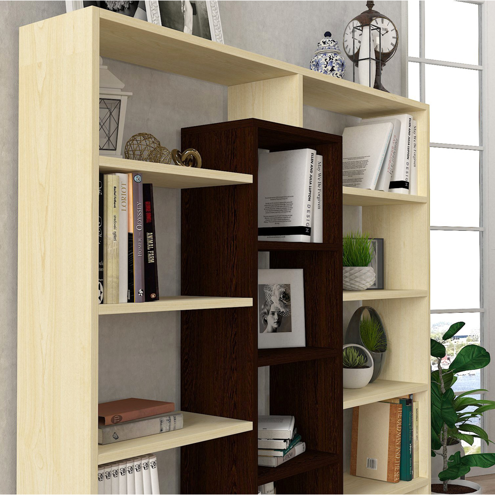 Zafira Wooden Bookcase With 14 Shelves In Wenge And Birch
