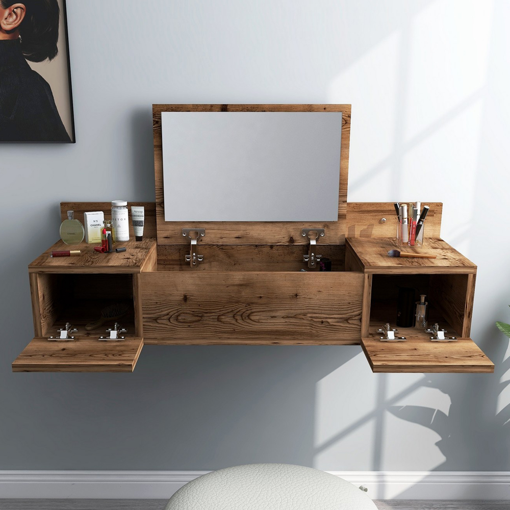 Zakkum Wooden Wall Mounted Dressing Table with Mirror in Lydia
